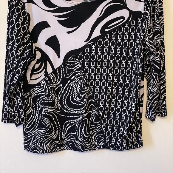 Y2K Vintage L blouse Jessica Max USA chain AOP abstract black white USA party - Picture 3 of 7